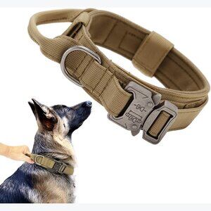 Tactical Nylon Dog Collar with Handle & Metal Buckle, Adjustable, Brown, Size L